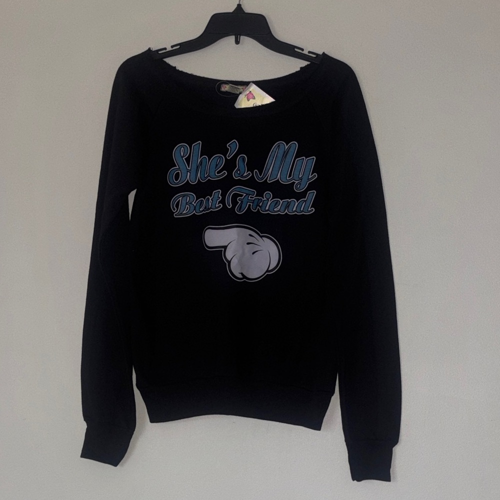 NWT She's My Best Friend Graphic Sweatshirt - Black with Blue & White Print